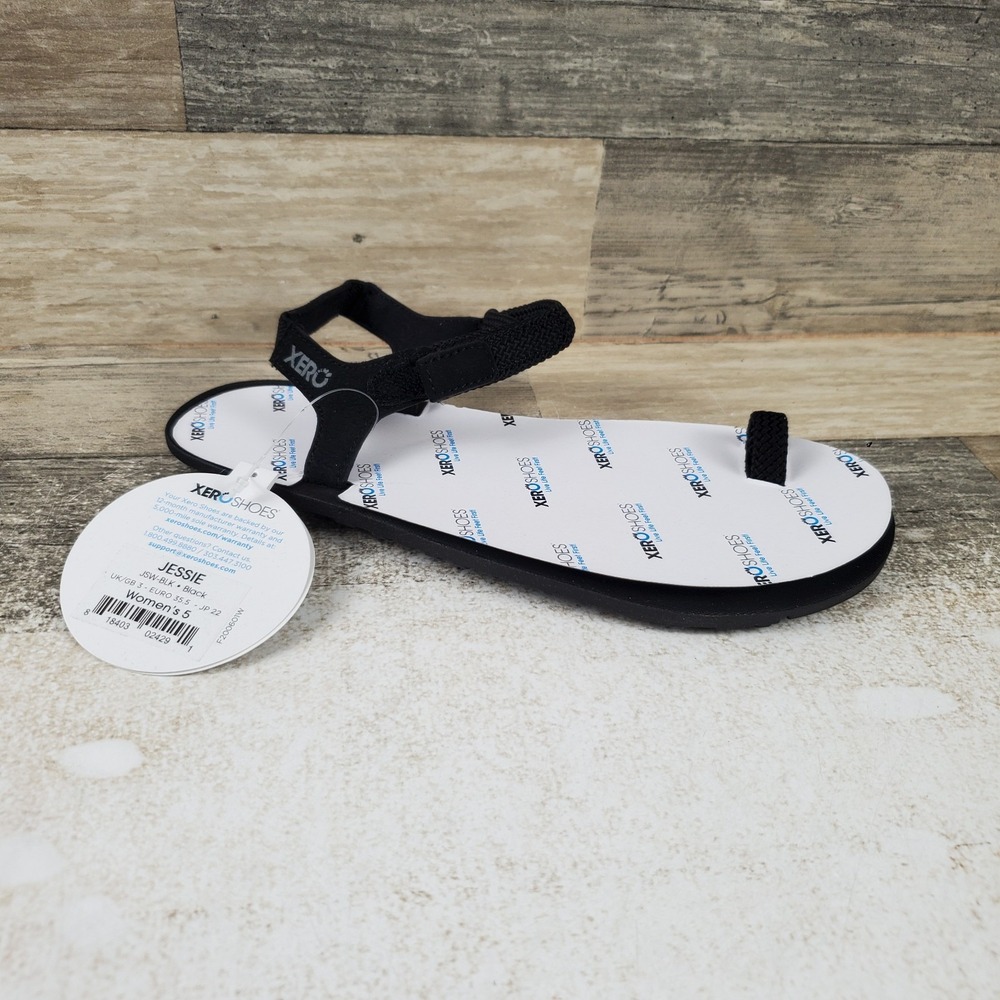 Xero Shoes Jessie Womens Toe Loop Sandals Sz 5 Black Hook & Loop Ankle Strap